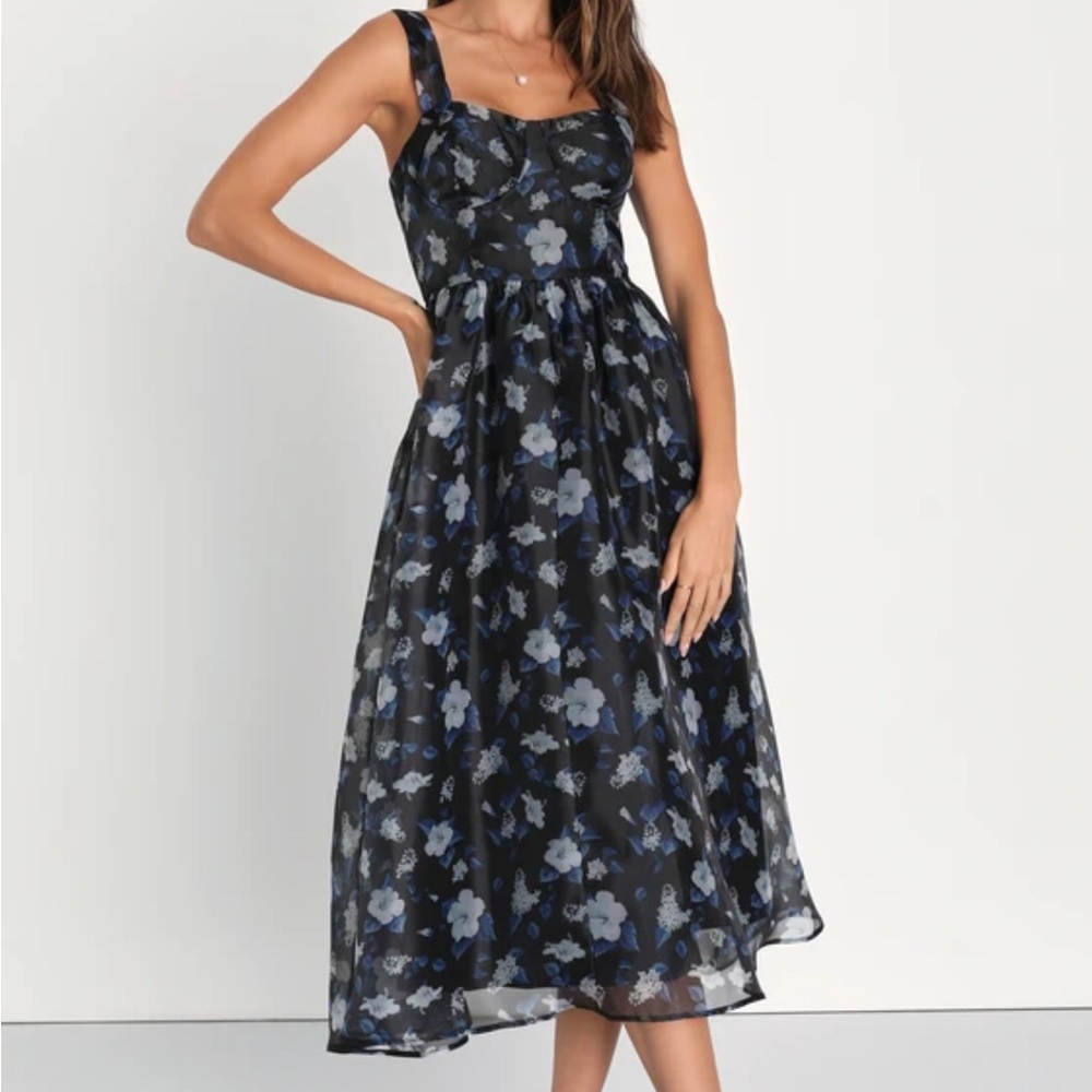 Delightful Look Black Floral Print Bustier Midi Skater Dress NWT Lulus
